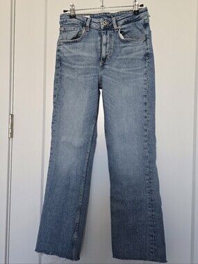 Zara Light Blue Classic Straight Leg Jeans With Raw Hem